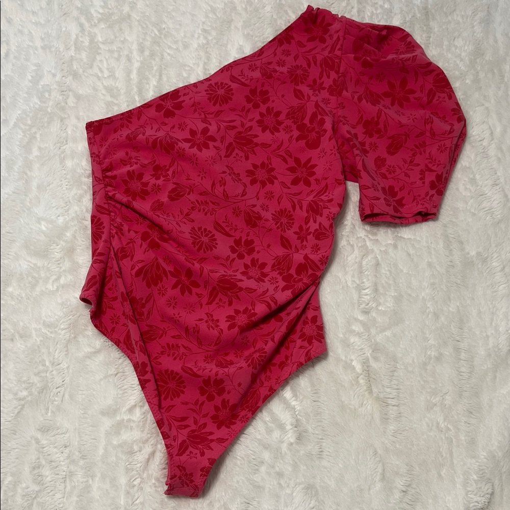Free People Fuchsia Floral One-Shoulder Bodysuit